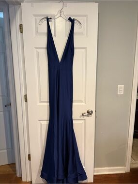 Sleeveless Deep V Navy Evening Gown